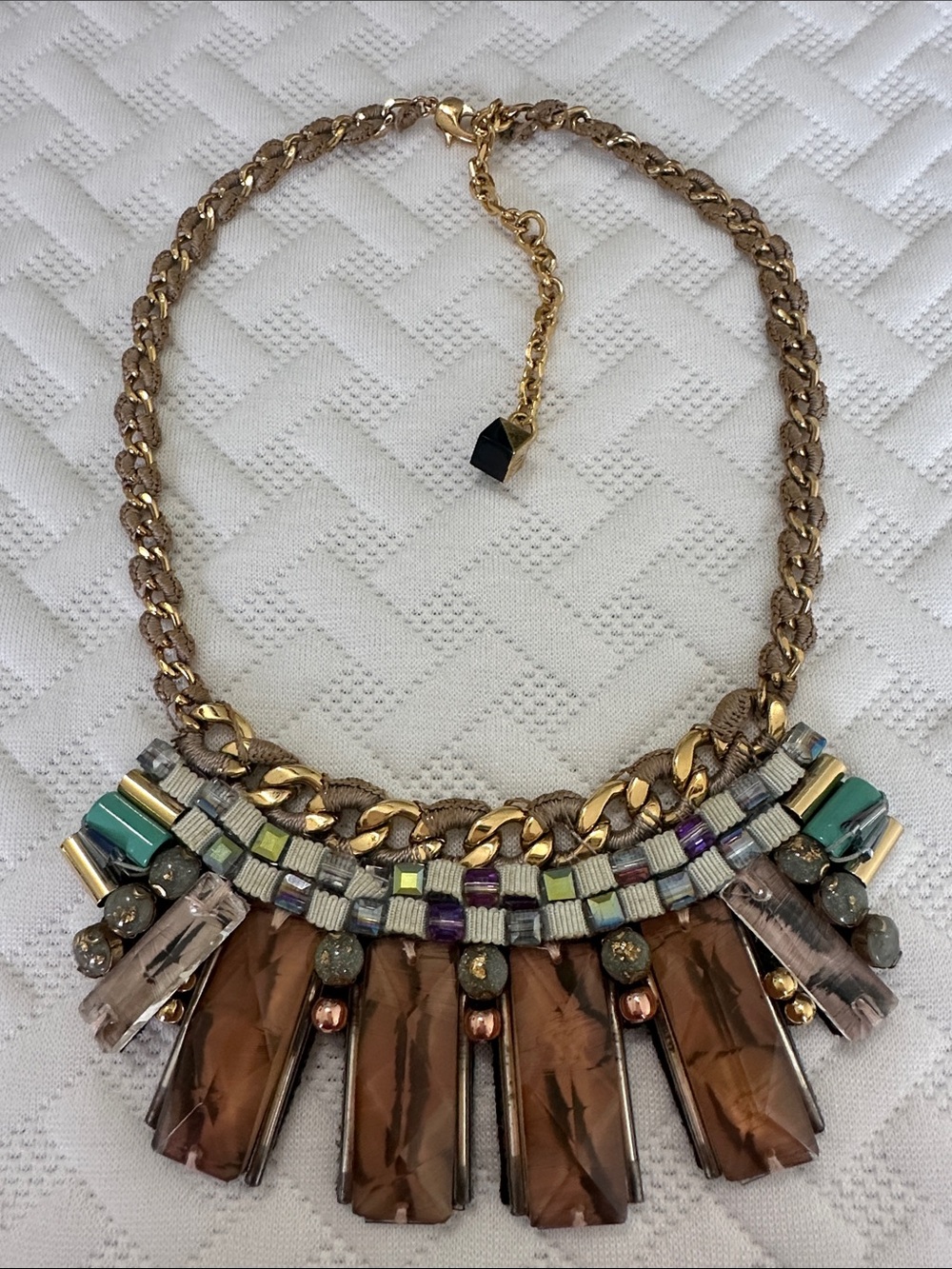 Statement Gold-Tone Necklace with Brown and Teal Accents